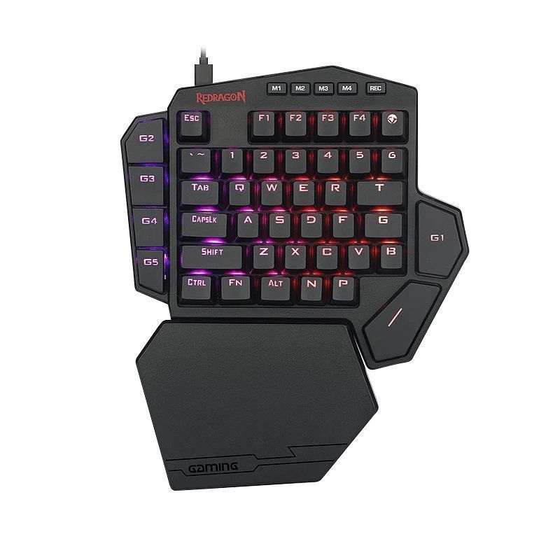 Redragon K585 DITI Teclado mecánico RGB con una sola mano, teclado profesional para juegos tipo C con 7 teclas macro integradas, reposamuñecas desmontable, 42 teclas (interruptor negro-azul)