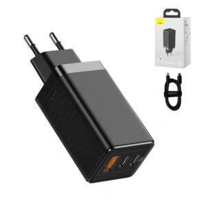 Adaptador de red Baseus GaN2 Pro, Quick Charge, 220 V, negro, USB tipo-A, USB tipo C, con cable USB tipo C – USB tipo C, 65 W, 3 puertos