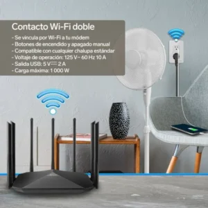 ENCHUFE DOBLE Wi-Fi* Y CARGADOS USB, CON PLACA PARA PARED